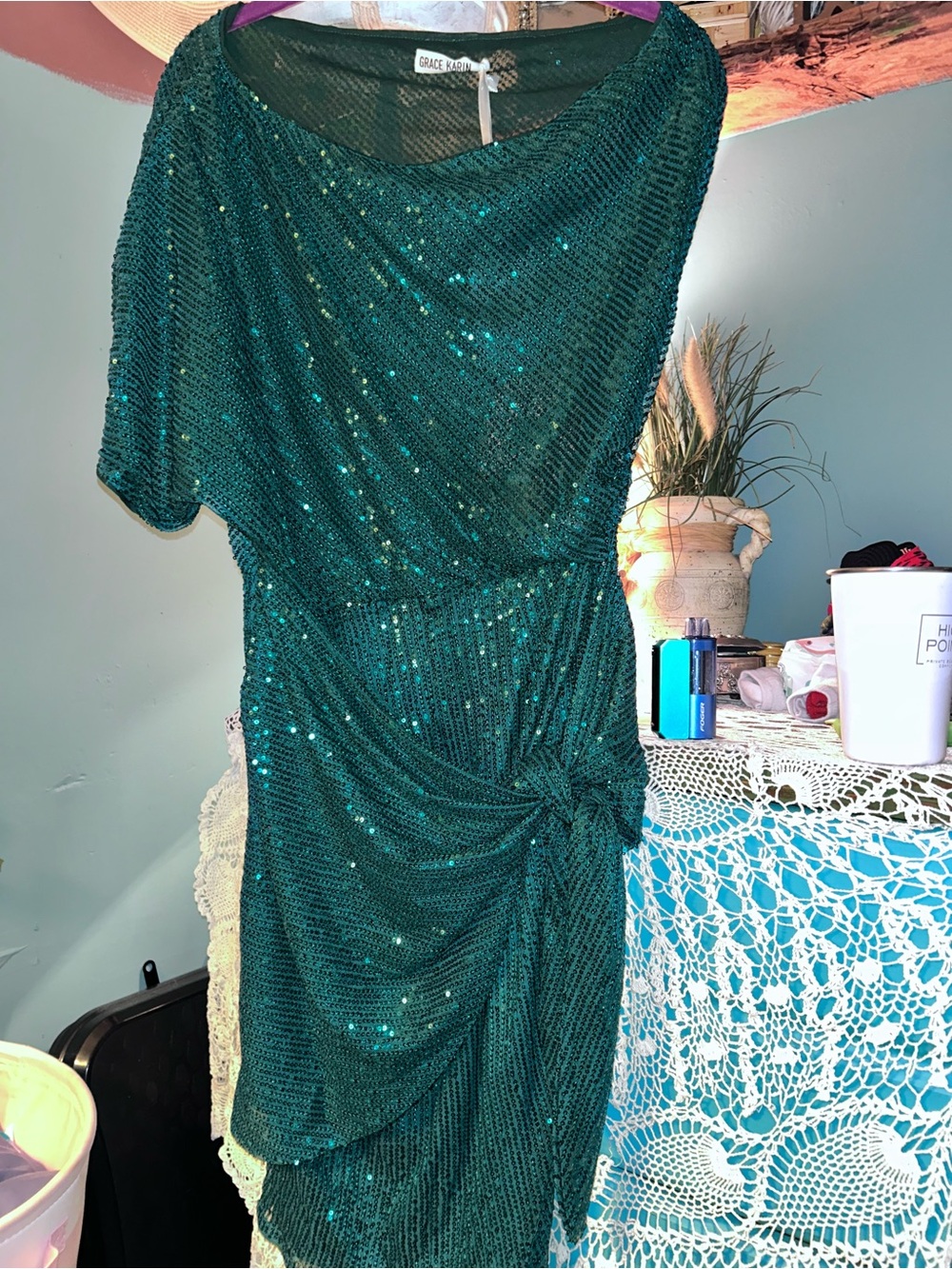 Grace Karin Teal Green One-Shoulder Sequin Draped Dress